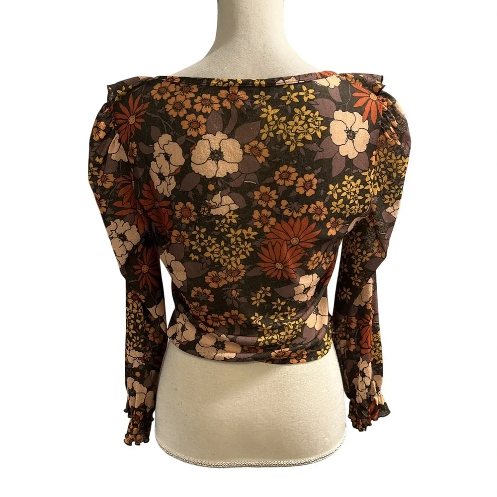 Miss Selfridge Top Brown Sheer Retro Floral Crop Size 8 Boho Hippie Festival - Picture 2 of 9